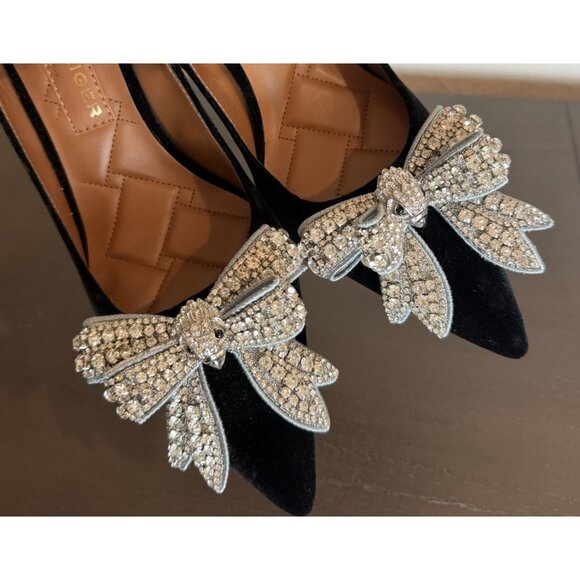 Kurt Geiger Size 7.5/ 38 Belgravia Black Velvet Rhinestone Bow Heels Shoes Pumps - Picture 5 of 15